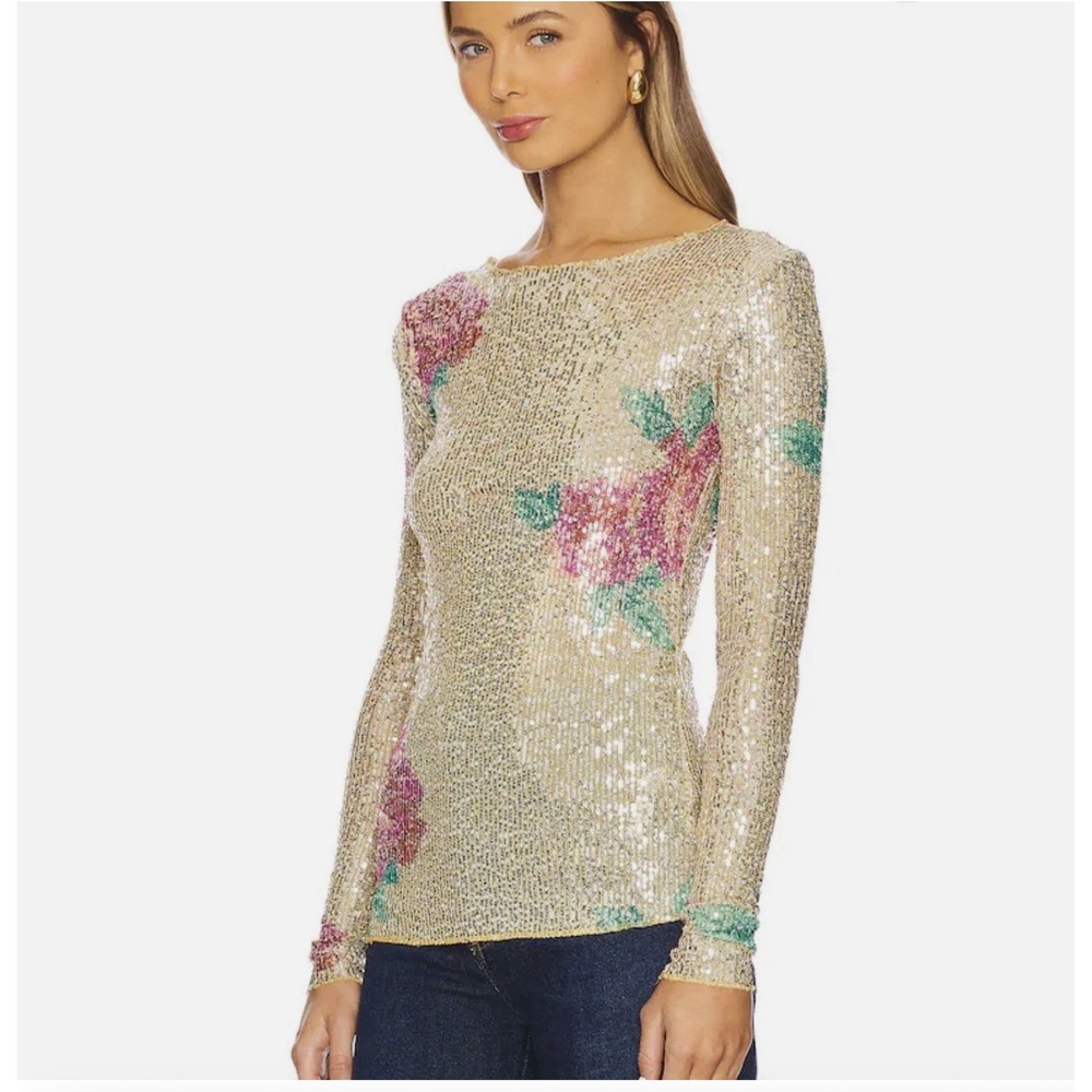 Free People Top Womens XL Champagne Floral Sequin‎ Long Sleeve Boho Chic Glam